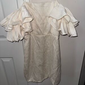 DO+BE Shimmery Cream Mini Dress with Ruffled Sleeves